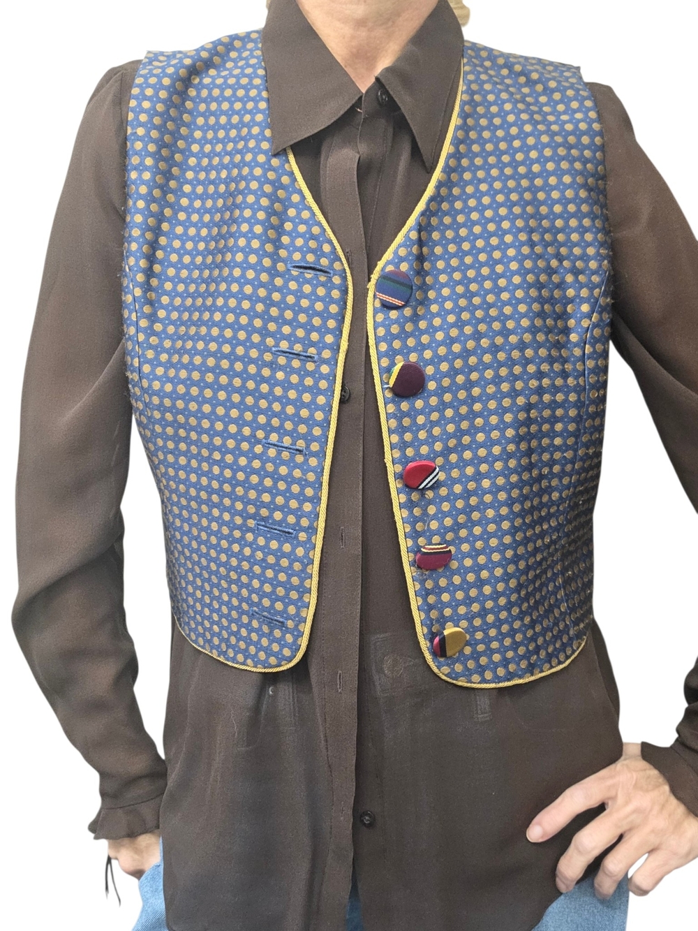 Vintage 90s Equator Cropped Vest M Polka Dot Striped Novelty Buttons